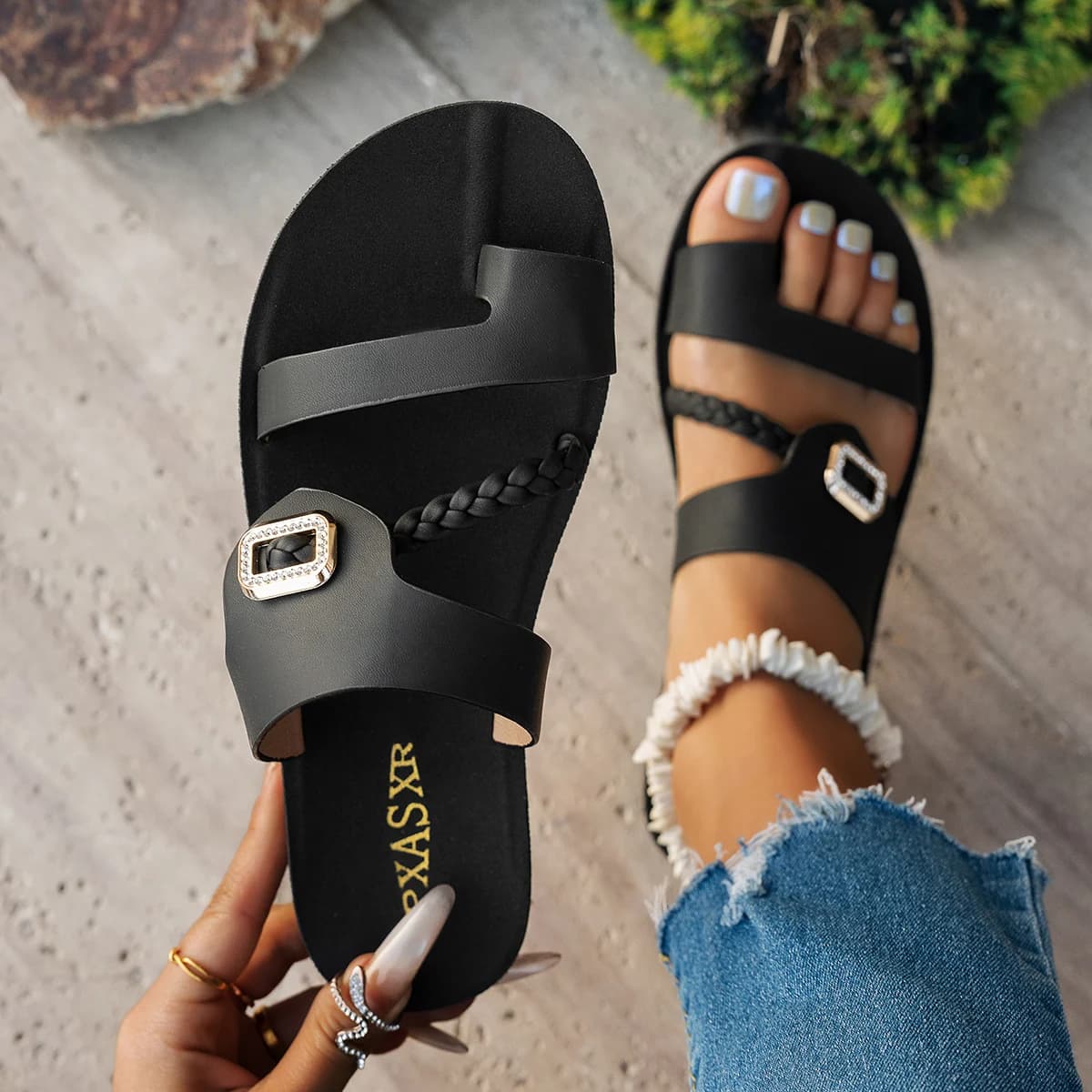 Sandali piatti da donna estivi Fibbia con diamanti alla moda Elegante cinturino in tessuto Comode pantofole infradito facili da indossare
