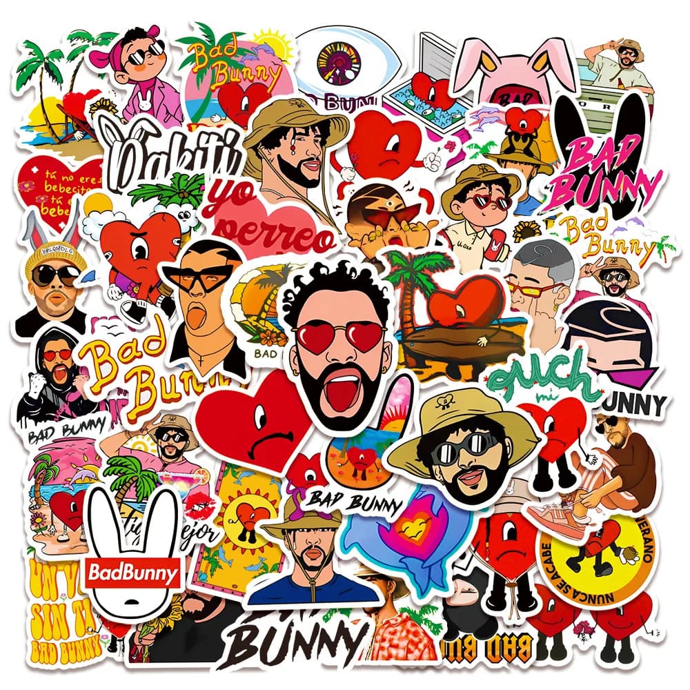 50 pezzi adesivi Bad Bunny decalcomanie Graffiti impermeabili fai da te per pacchetti di adesivi per bottiglie d'acqua per telefono portatile all'ingrosso
