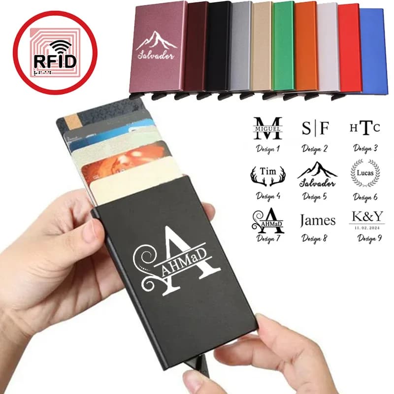 Custodia porta carte in lega con blocco RFID con nome personalizzato multi stile Mini portafogli sottili da donna per uomo Scatola per carte di credito bancarie con ID antifurto