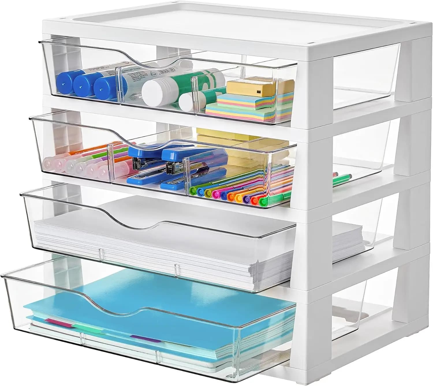 Organizzatore da Scrivania a 4 Ripiani Trasparente con Cassetti, Organizzatore per Documenti da Scrivania Assemblabile per Forniture da Ufficio