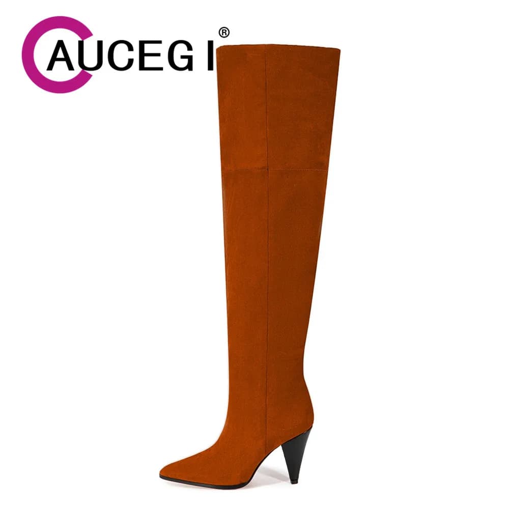 Aucegi Nuovo Design Donna Flock Stivali alti al ginocchio Punta a punta sexy Tacchi affusolati Autunno Office Lady Dress Shoes Large Size 35-45