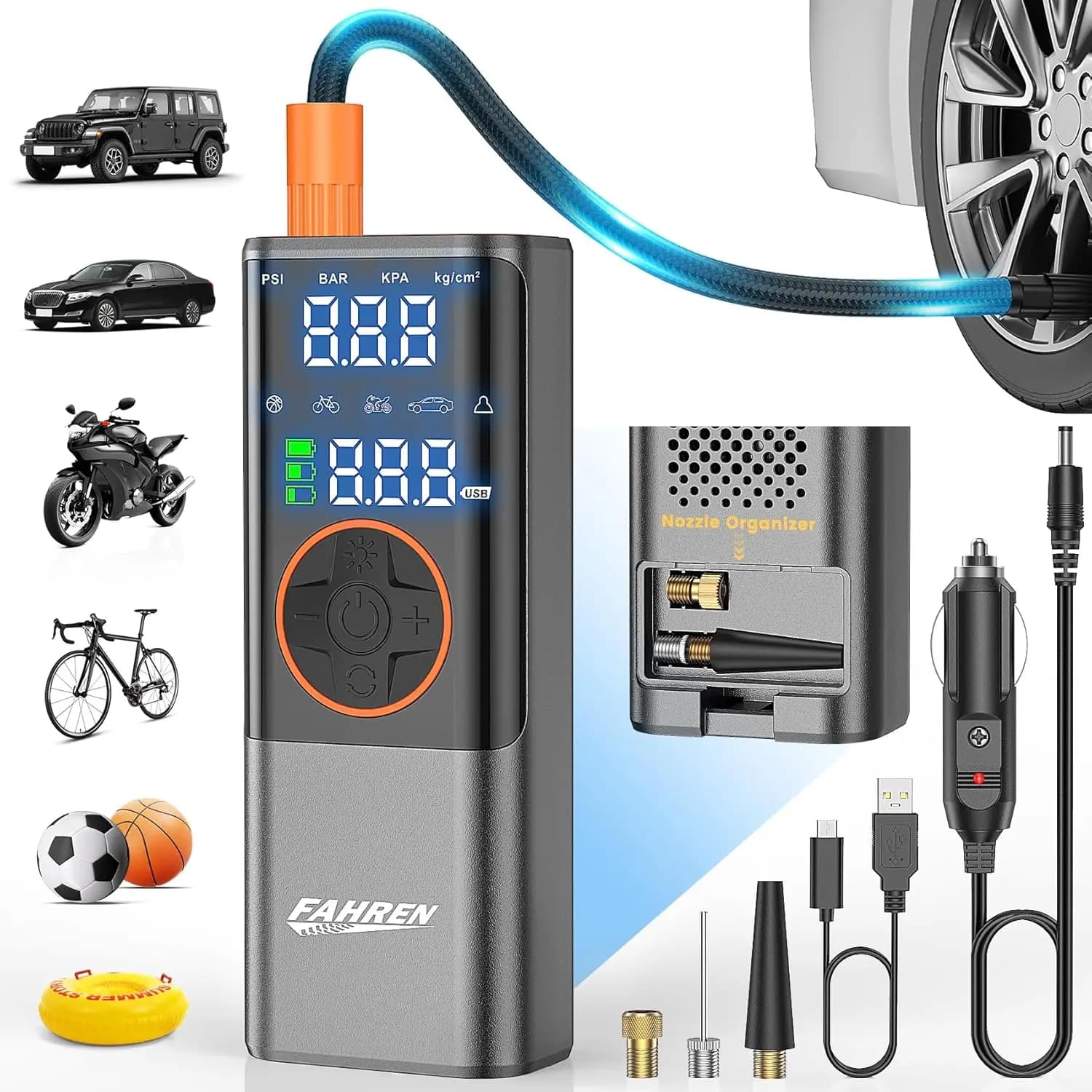 Compressore d'aria portatile per gonfiaggio pneumatici con manometro digitale 150PSI, funzione di spegnimento automatico, pompa ad aria senza fili