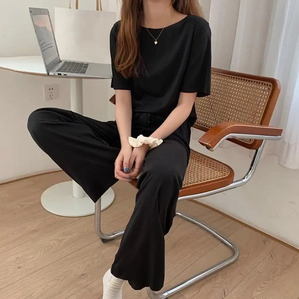 Pigiama estivo da donna Set da notte estivo da donna alla moda pigiama in seta di ghiaccio da 2 pezzi con t-shirt girocollo gamba larga da indossare