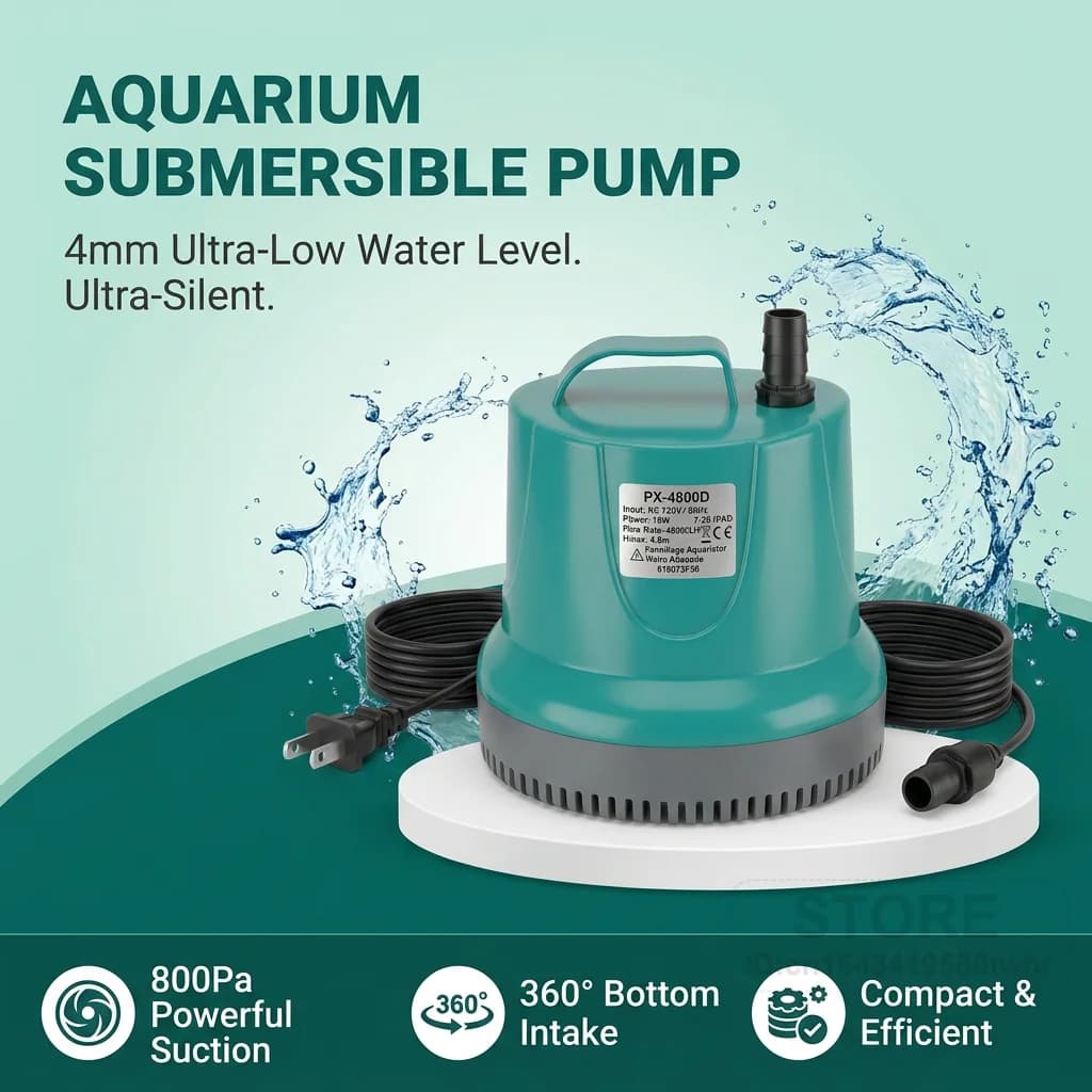 Pompa Sommergibile per Acquario 800Pa di Aspirazione 4800L/H per Acque Poco Profonde 4mm Ultra Silenziosa 35dB con Aspirazione dal Basso a 360 Gradi
