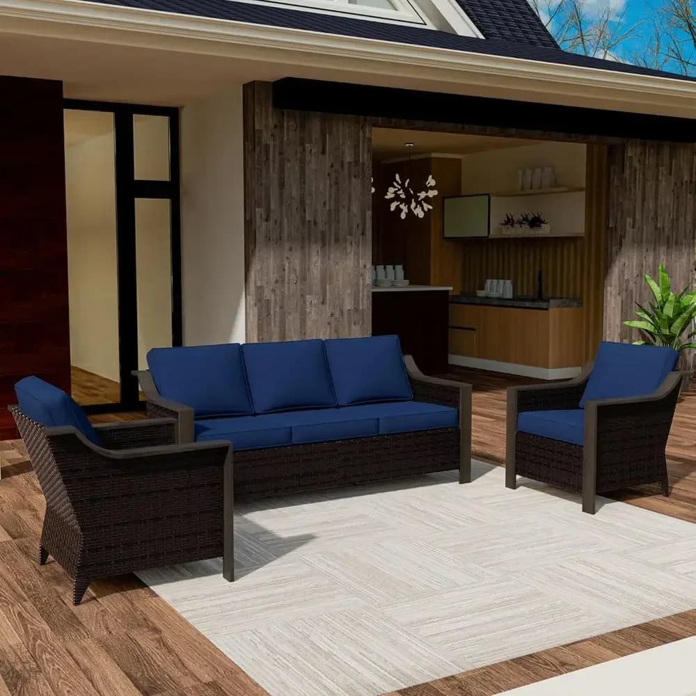 All-Weather Wicker Patio Set with 2 Chairs and Cushions, Perfect for Porch, Backyard, and Poolside - Blue