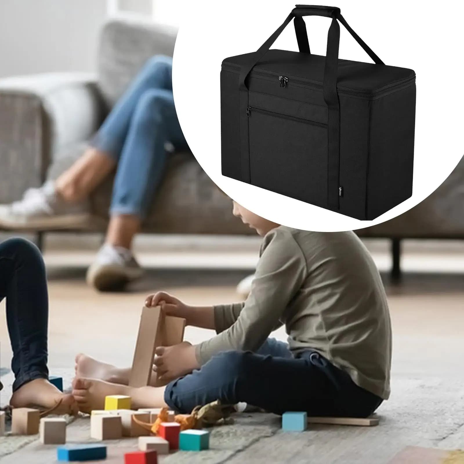 Borsa portaoggetti gigante per blocchi di legno impilabili, pieghevole, versatile, in nylon rinforzato per giocattoli di grandi dimensioni, nera con apertura superiore completa