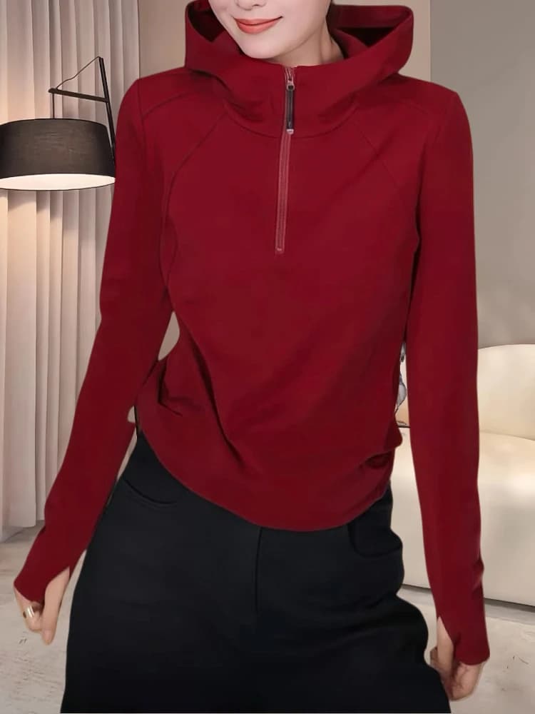 Felpa con cappuccio coreana a maniche lunghe da donna, alla moda, versatile, primaverile/autunnale, con cerniera, casual, in misto cotone