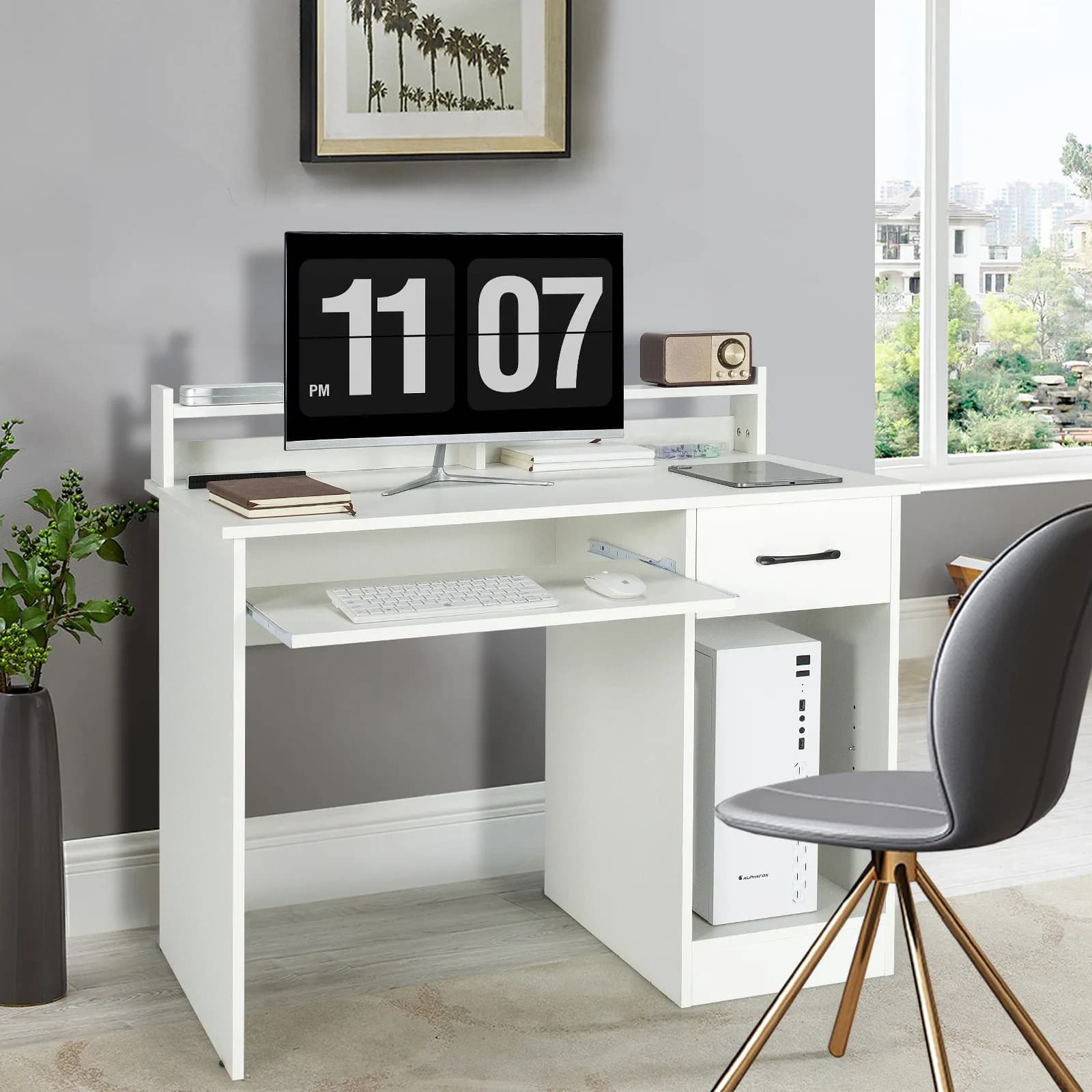 Scrivania per computer, tavolo per studio e laptop con cassetto e ripiano per tastiera, colore bianco