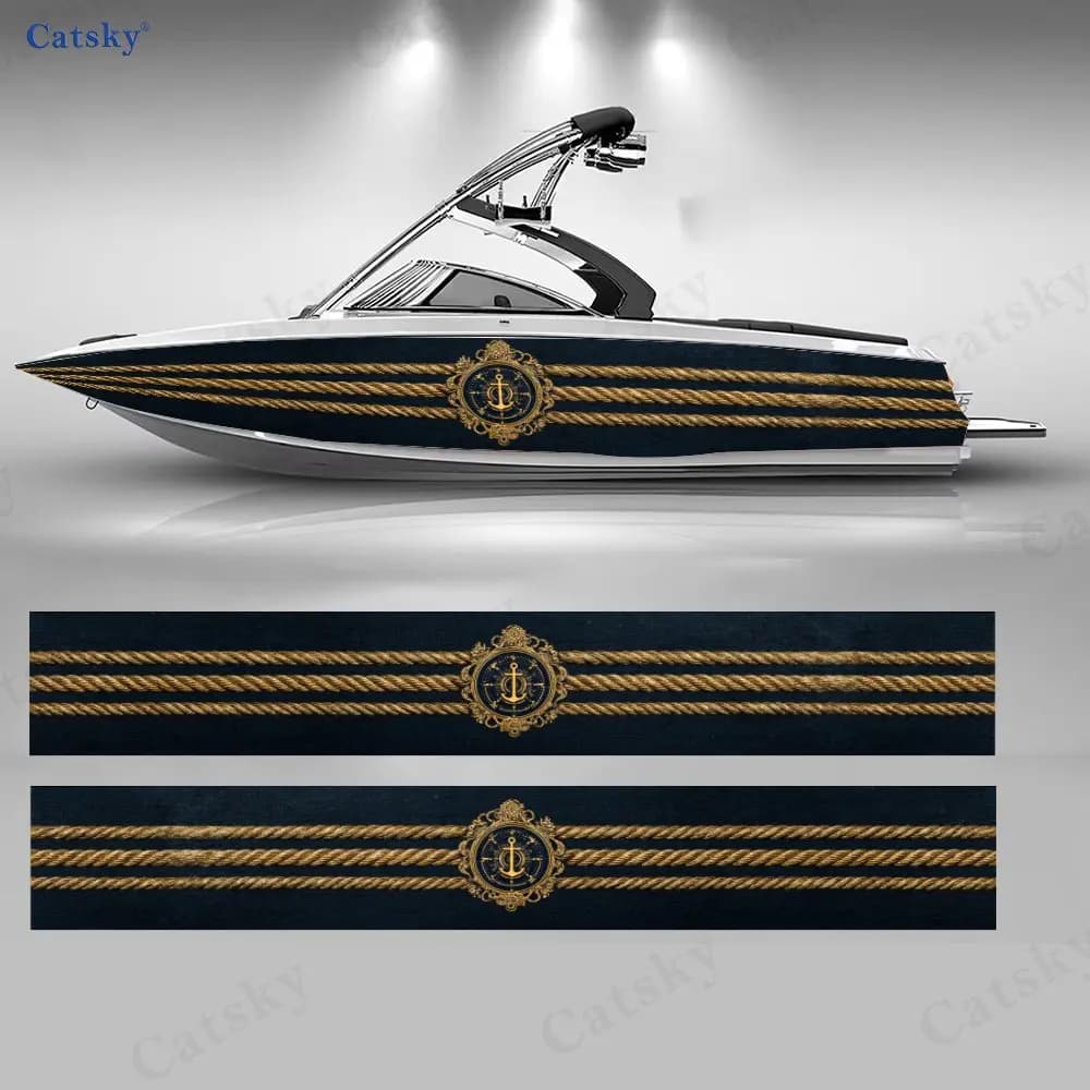 Adesivo Classico per Barca con Ancora e Strisce Dorate, Decalcomania in Vinile PVC Impermeabile e Durevole per Barche da Pesca, Design Resistente ed Elegante