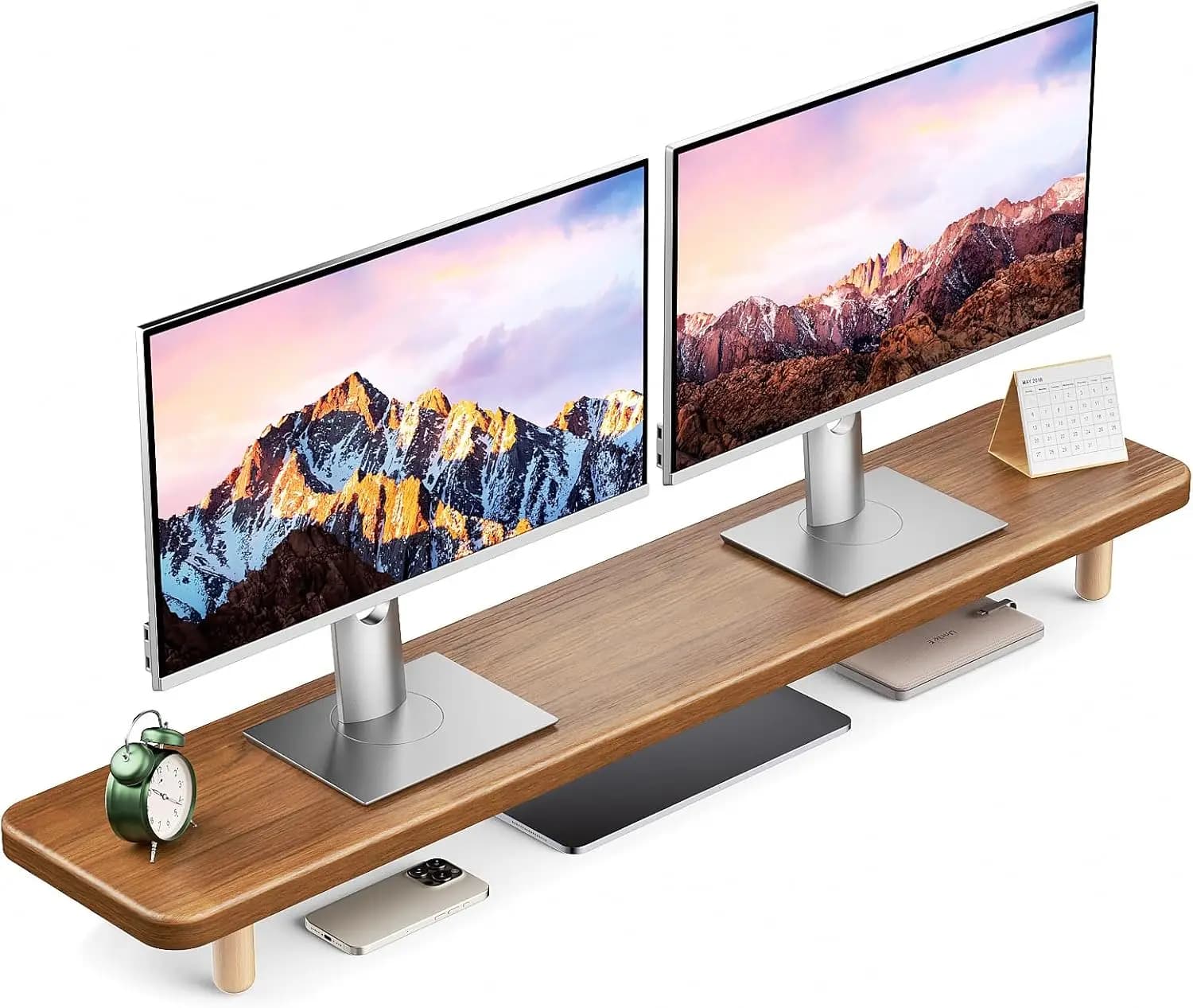 Support for Dual Monitor in Extra Long Wood from 39 Inches with Storage Space for 2 Monitors, Desk Ergonomic Organizer in Walnut