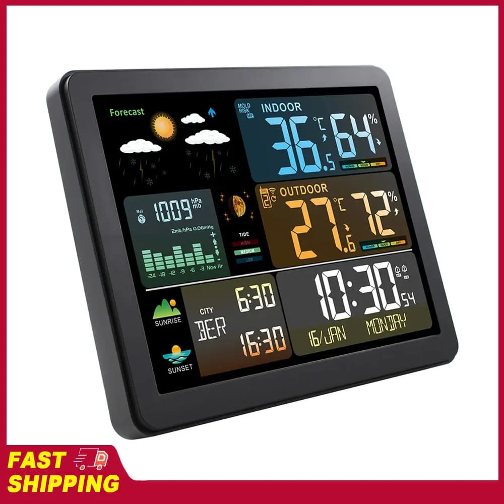 Multifunctional Intelligent Meteo Station with Large Color Screen, Temperature and Humidity Meter for Interior and Exterior