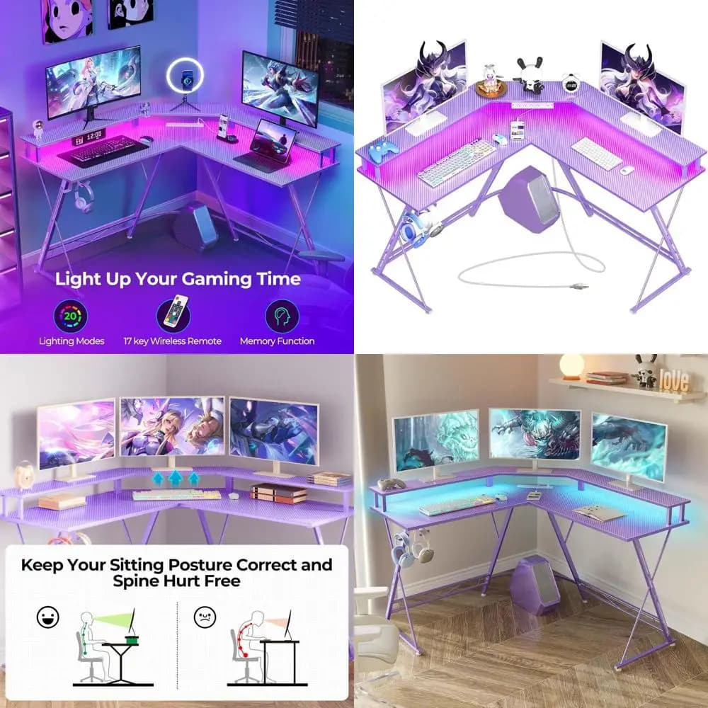 Scrivania da gioco viola in fibra di carbonio a forma di L con illuminazione a LED, supporto per monitor e prese di corrente