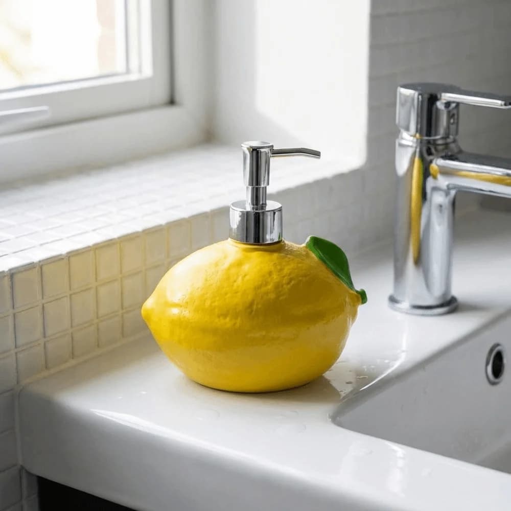 Dispenser di Sapone Creativo in Vinile a Forma di Limone, Bottiglia Decorativa per Igienizzante Mani, Dispenser Giallo a Forma di Frutta per Shampoo e Sapone da Bagno