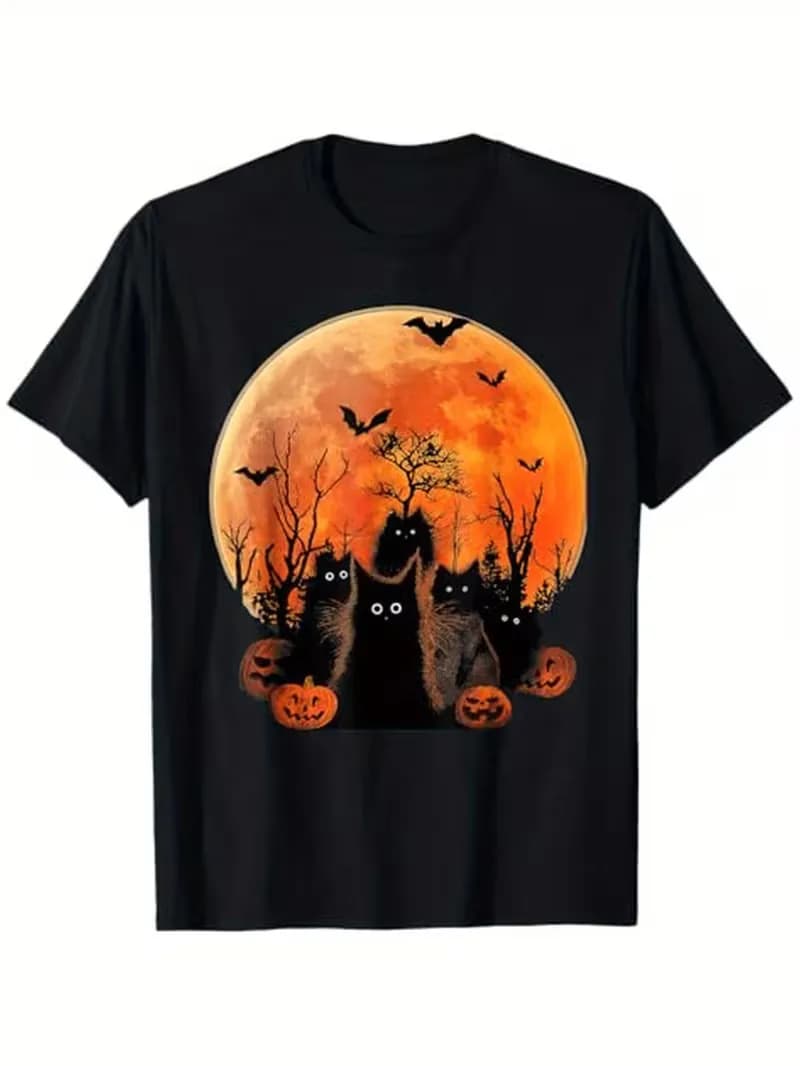 T-shirt Black Cats Full Moon Halloween - Maglietta con grafica divertente per amanti degli animali domestici, 100% cotone