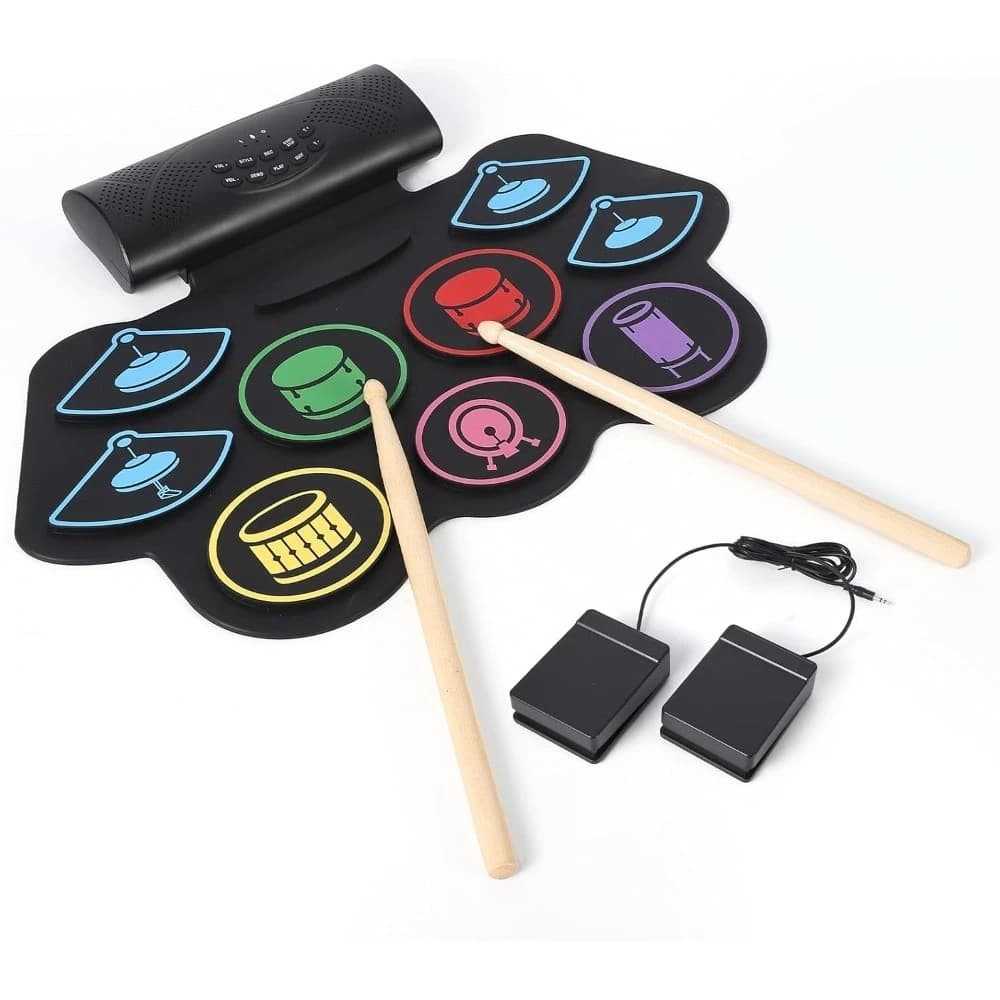 Set di Batteria Elettronica Arrotolabile con 9 Pad, Kit di Batteria Digitale Portatile Bluetooth con Luci LED e Altoparlante Integrato per Principianti, Silenzioso