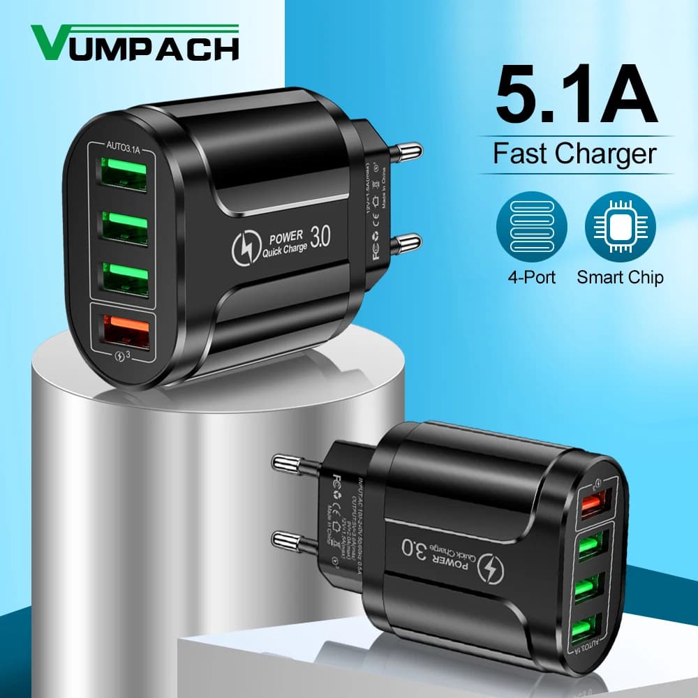 EU US Plug 4 USB 45W caricatore USB ricarica rapida QC 3.0 ricarica da parete per iPhone 12 11 Samsung Xiaomi Mobile 4 porte adattatore da viaggio