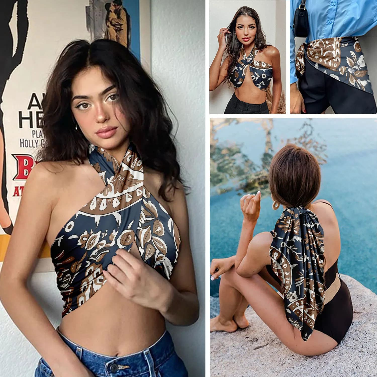 0836 women's floral satin square scarf - soft silk-like texture, versatile headscarf, neckerchief, and turban