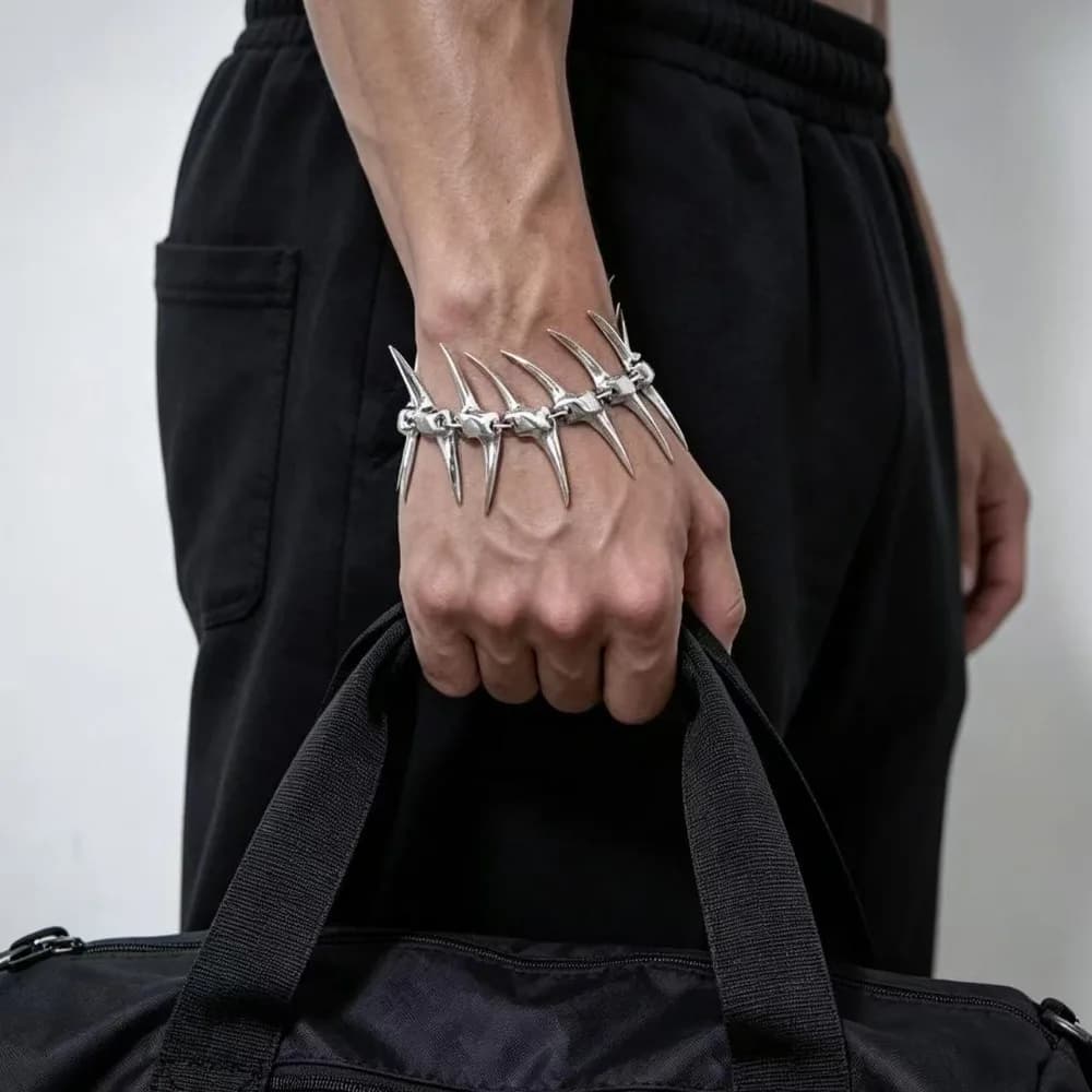 Goth Punk Thorn Fishbone Spike Chain Bracelet Silver Polished Metal Wristband Y2K Harajuku Hip Hop Street Jewelry for Men Women