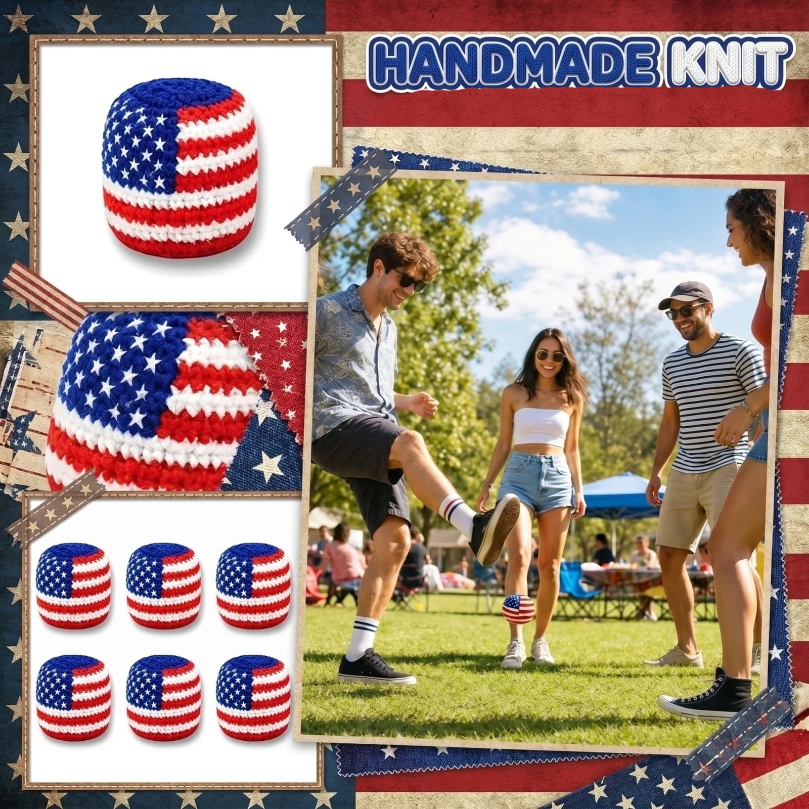 6PCS Hand Knitted Juggling Balls American Flag Design Crochet Bean Bags for Outdoor Games and Patriotic Events