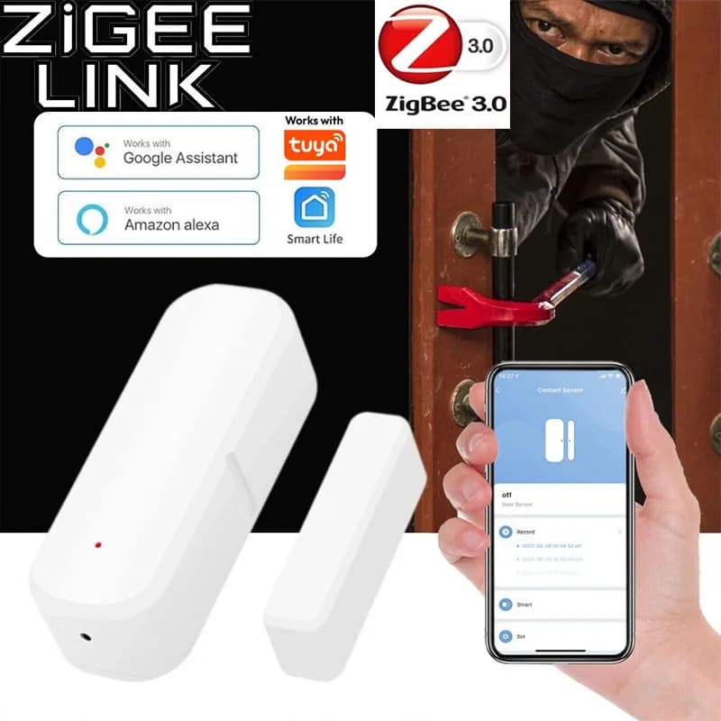 Sensore per Porte e Finestre Tuya Smart Zigbee 3.0, Sistema di Allarme di Sicurezza, Rilevatore di Apertura/Chiusura 2QMTT, Compatibile con Google Assistant per la Sicurezza Domestica