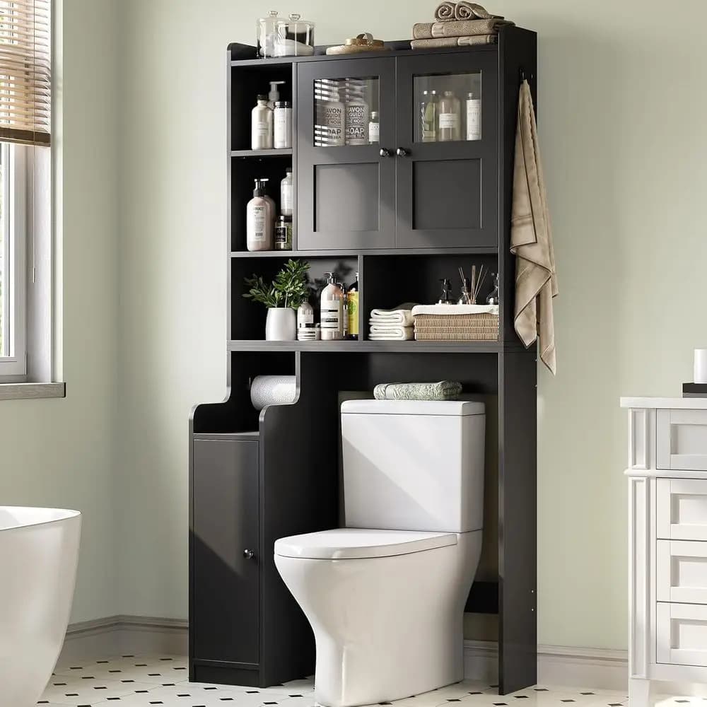 Mobiletto Salvaspazio per Bagno con Porta in Vetro e Portarotolo per Carta Igienica, per Bagno, Toilette e Lavanderia (Nero)