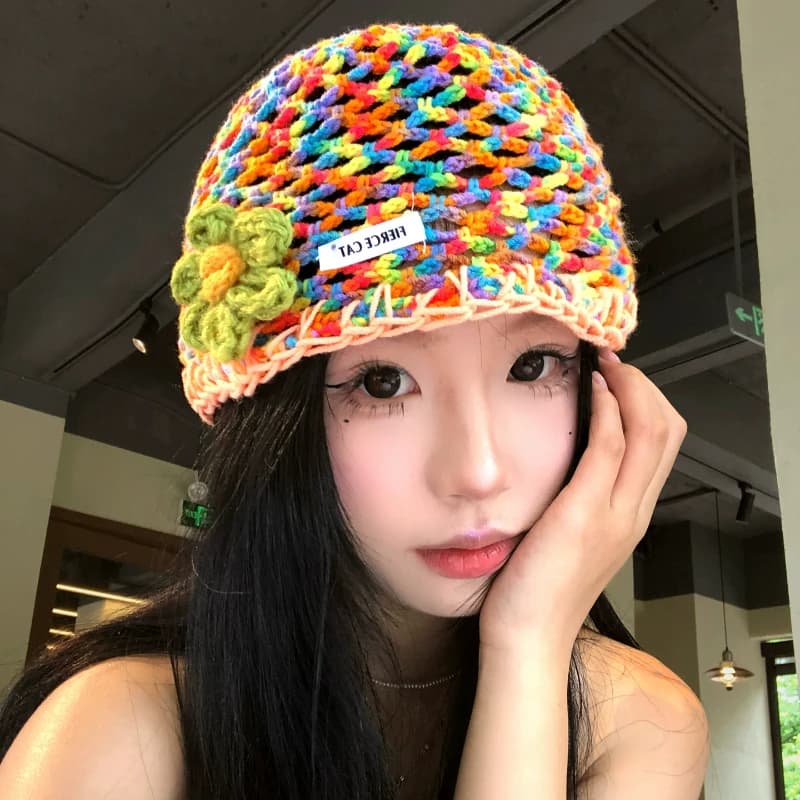 Berretti Lavorati a Maglia con Fiori Traforati Colorati per Donne, Cappelli Leggeri e Traspiranti Versatili per Viaggi Estivi, Stile Y2K