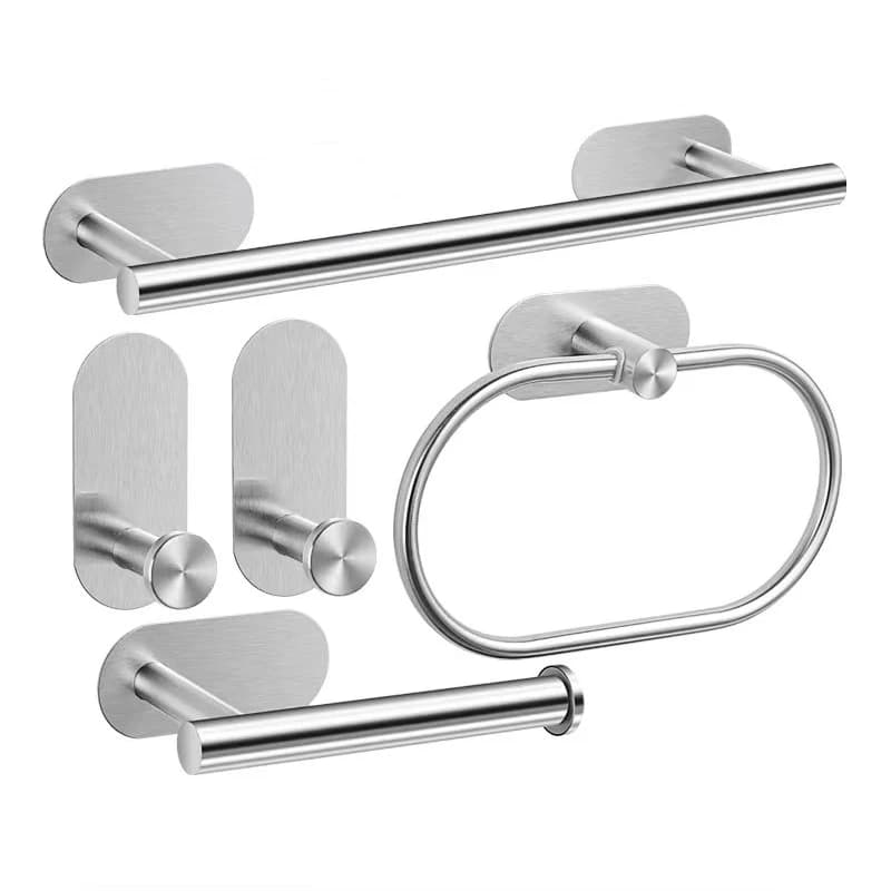 Set di Accessori per Bagno Senza Foratura in Acciaio Inossidabile: Portasciugamani, Porta Carta Igienica, Anello Portasciugamani, Gancio Porta Accappatoio, Nero Opaco e Argento
