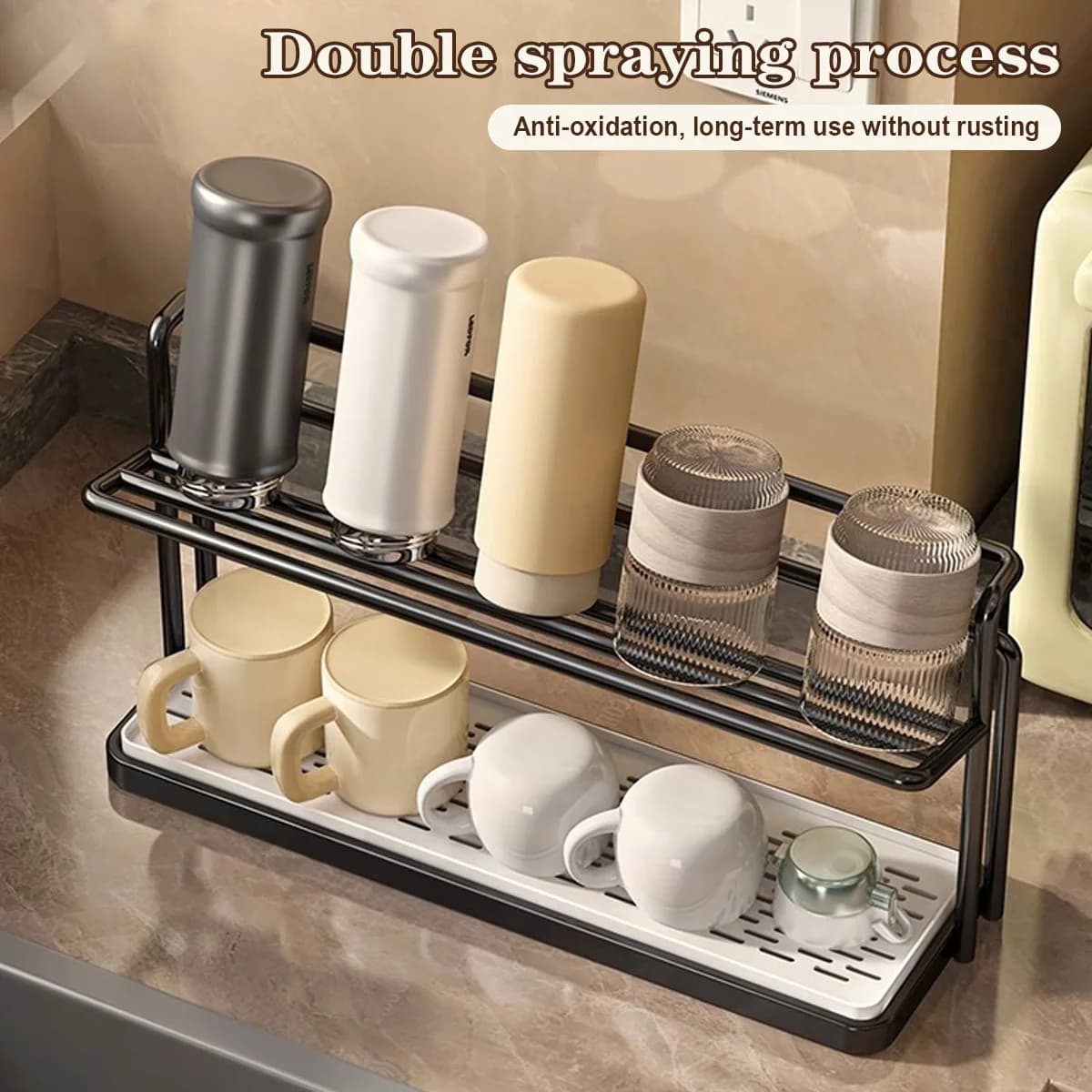 D2 2-Tier Bottle Drying Rack Cup Cradle Storage with Drain Removable Tray Mug Organizer for Countertop Water Bottles Cup Shelf