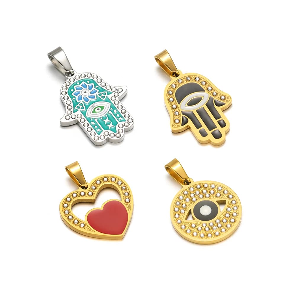 4 pezzi/lotto pendenti a forma di cuore smaltato ciondoli a mano di Hamsa in acciaio inossidabile per bracciale alla moda collana materiale gioielli fai da te produzione sfusa