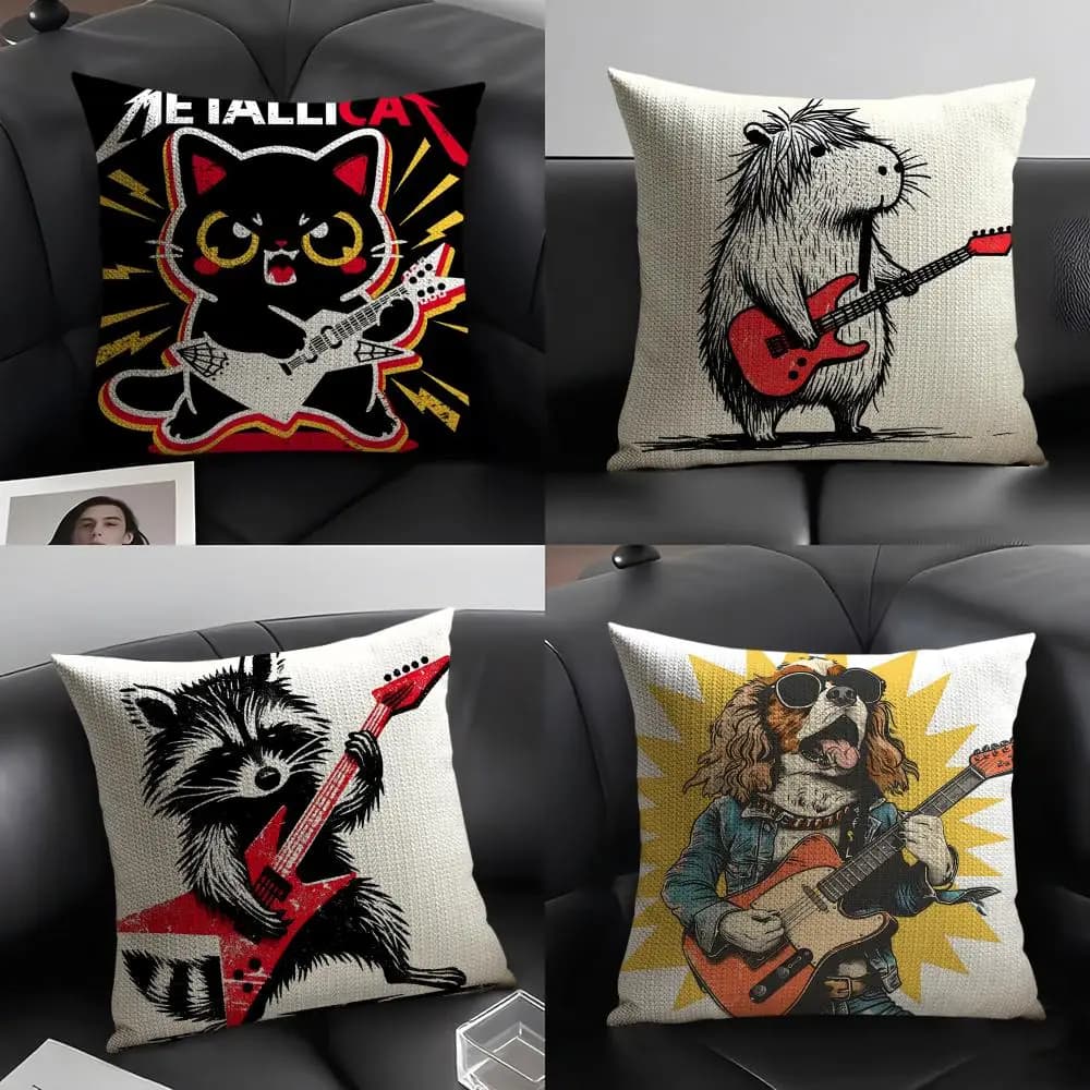 Divertenti motivi di animali che suonano la chitarra, 2 fodere per cuscini in lino per divano decorativo, fodere per cuscini per casa, auto e sedia