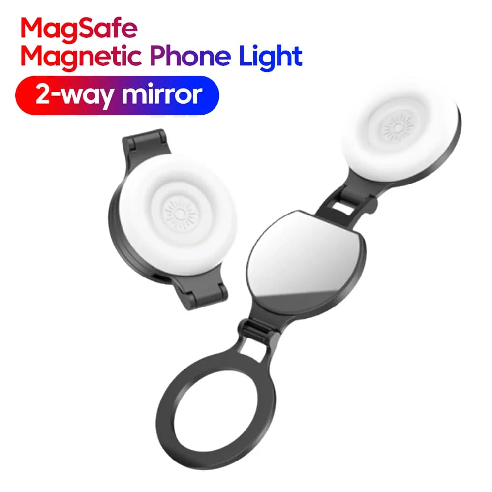 Magnetic Selfie Light with Double Side Mirror, Phone Holder with Adjustable Light, Magnetic Folding Selfie Rod for Lighting Make-up