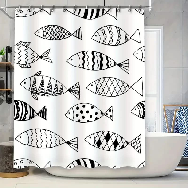 Tenda da doccia con stampa di pesci bianchi neri Decorazione decorativa in tessuto da bagno impermeabile Forniture per la casa