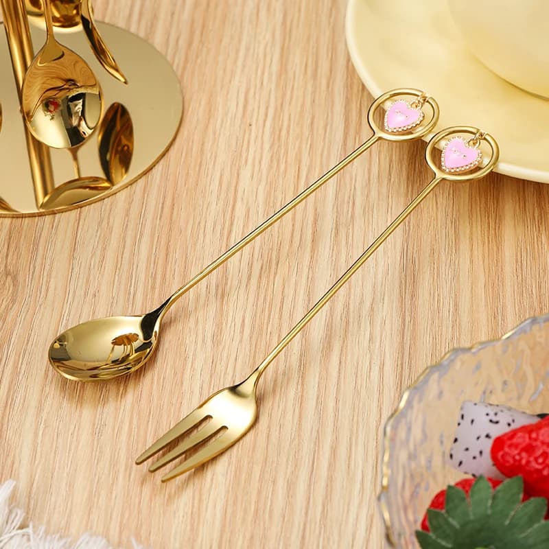 6Pcs Stainless Steel Dessert Spoon Fork Set Gold Silver Coffee Stirring Spoon Creative Fruit Forks Coffee Kitchen Accessories
