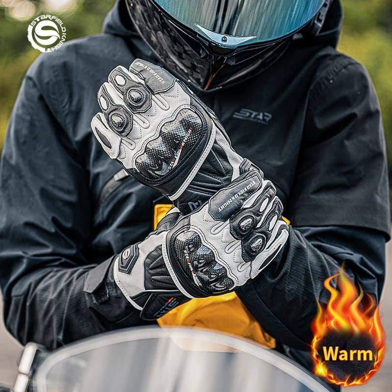 SFK New Full Finger Motorcycle Riding Gloves Winter Plush Warm Carbon Fiber Protection Real Goat Leather Waterproof Inner Design