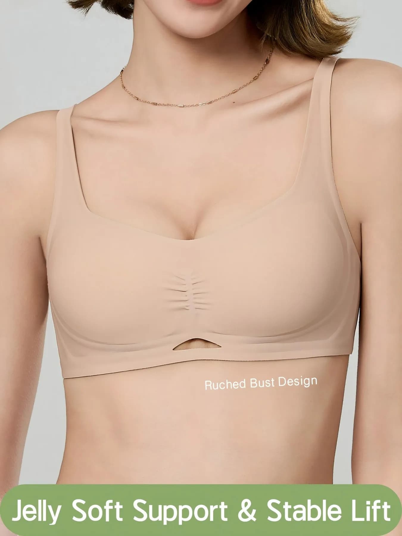 Seamless Jelly Support Wireless Bra Square Neck Ruched Bust Semi-fixed Cups Side Lift Anti-sagging Soft Comfort Everyday Bra