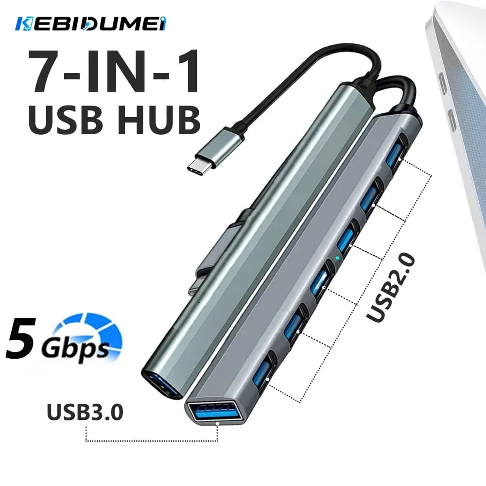 KEBIDUMEI USB 3.0 HUB 7 In 1 Docking Station 5Gbps High Speed Data Transmission Splitter OTG Adapter Game Accessories For Laptop