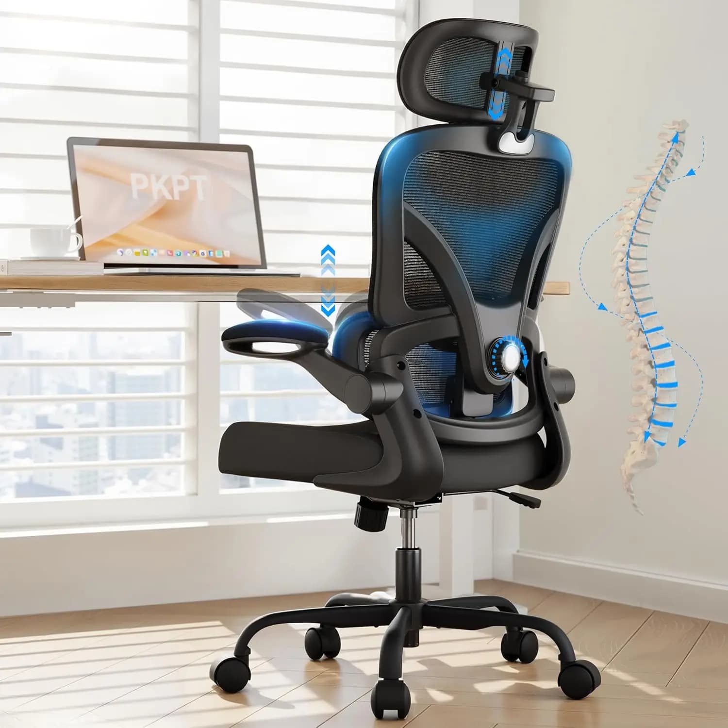 Sedia da ufficio ergonomica con supporto lombare, schienale in rete traspirante, braccioli ribaltabili per casa e gaming, nera