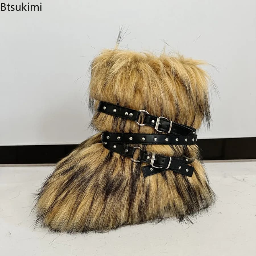 New Winter Boots Women Faux Fur Snow Boots Warm Platform Long Boots Cute Plush Over Knee High Boot Y2K Girls Outdoor Furry Shoes