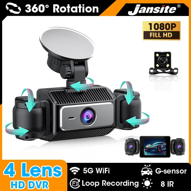 Dash Cam Jansite a 4 Obiettivi UHD, Registratore Video per Auto, Telecamera Posteriore HD DVR con Visione Notturna, Dashcam con WiFi 5G Integrato a 360° ° Lente Rotante