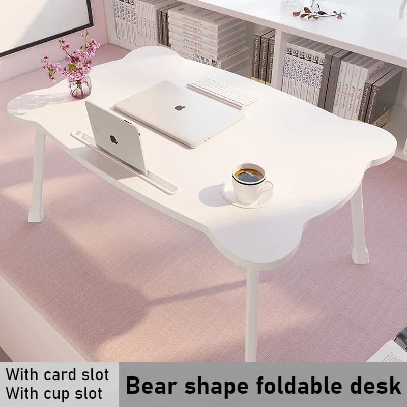 Scrivania pieghevole per laptop pieghevole a forma di orso carino con portabicchieri, slot per schede, tavolo Tatami impermeabile antiscivolo per studenti dormitorio