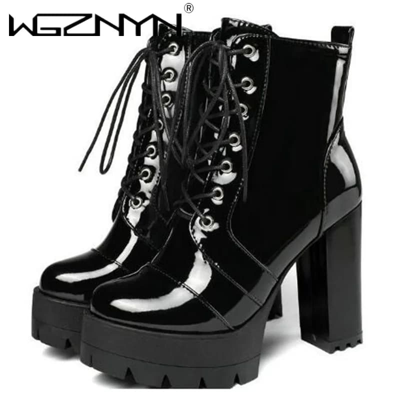 2025 Stivaletti in pelle verniciata femminile con tacco alto spesso Punta tonda con lacci Cerniera da donna Stivaletto corto Scarpe da donna gotiche Botas Mujer