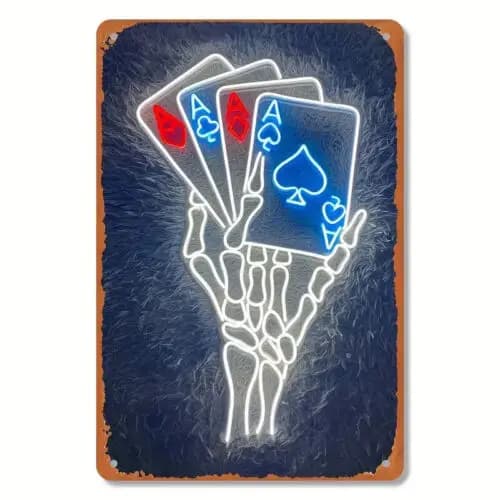 Insegna effetto neon - Carte da gioco a tema scheletro, Espositore per carte da poker, NUOVO - Alluminio