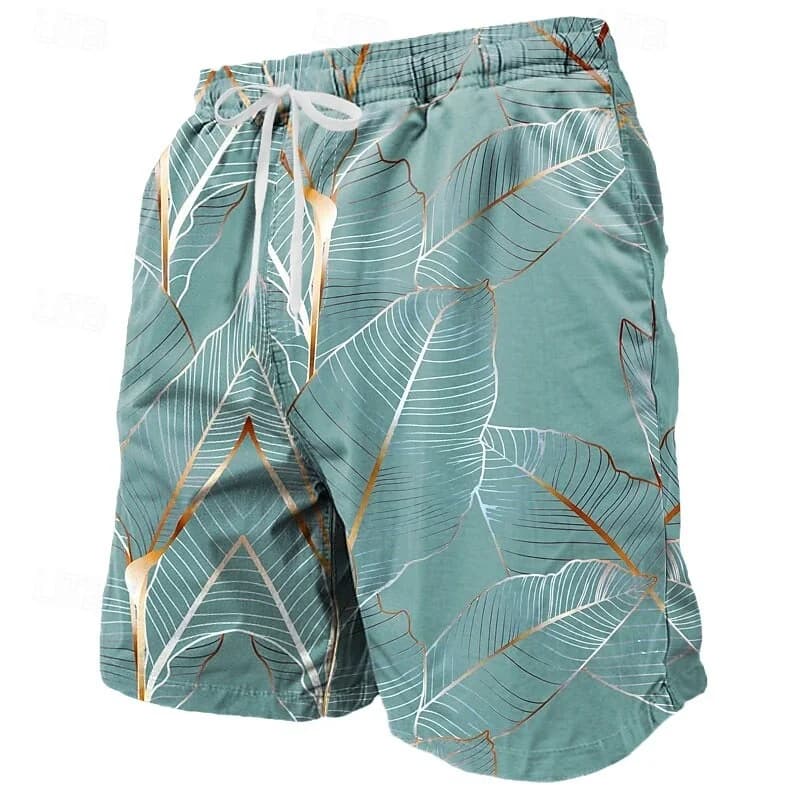 Pantaloncini corti con foglie colorate stampate in 3D per uomo, pantaloncini da spiaggia con motivo a righe vegetali, pantaloncini da bagno estivi casual traspiranti