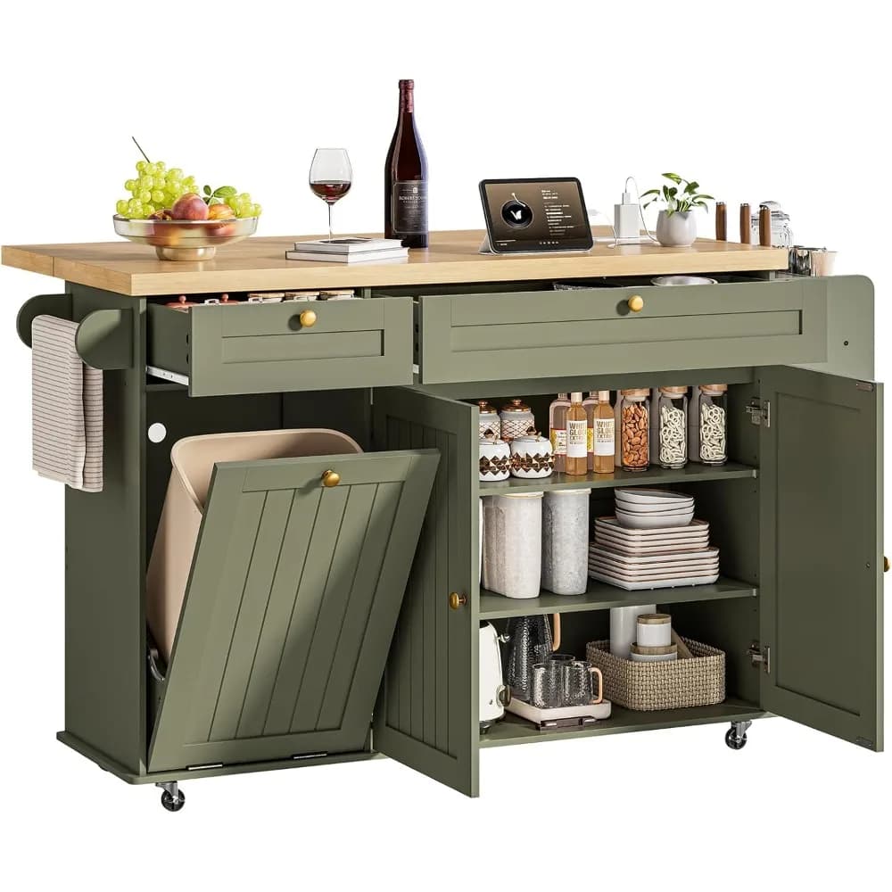 Isola da Cucina da 60 Pollici con Presa di Corrente e Piano Ribaltabile, con Porta Spezie e Portasciugamani, Portacoltelli, Isola da Cucina Mobile