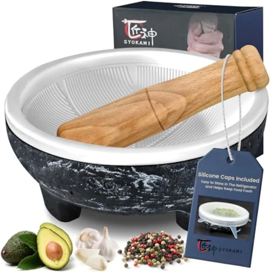 Set Mortaio e Pestello Molcajete Mexicano Leggero da 2 Tazze con Scanalatura per la Macinazione, Senza Polvere di Roccia, Alta Efficienza per Guacamole e Salsa di Spaghetto
