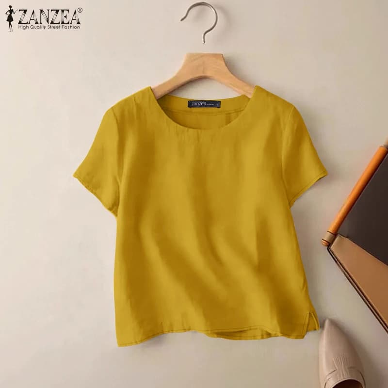 ZANZEA Summer Casual Cotton Blouses for Woman O-Neck Short Sleeve Side Slit Thin Tops Day Wear Solid Color Blusas de Mujer
