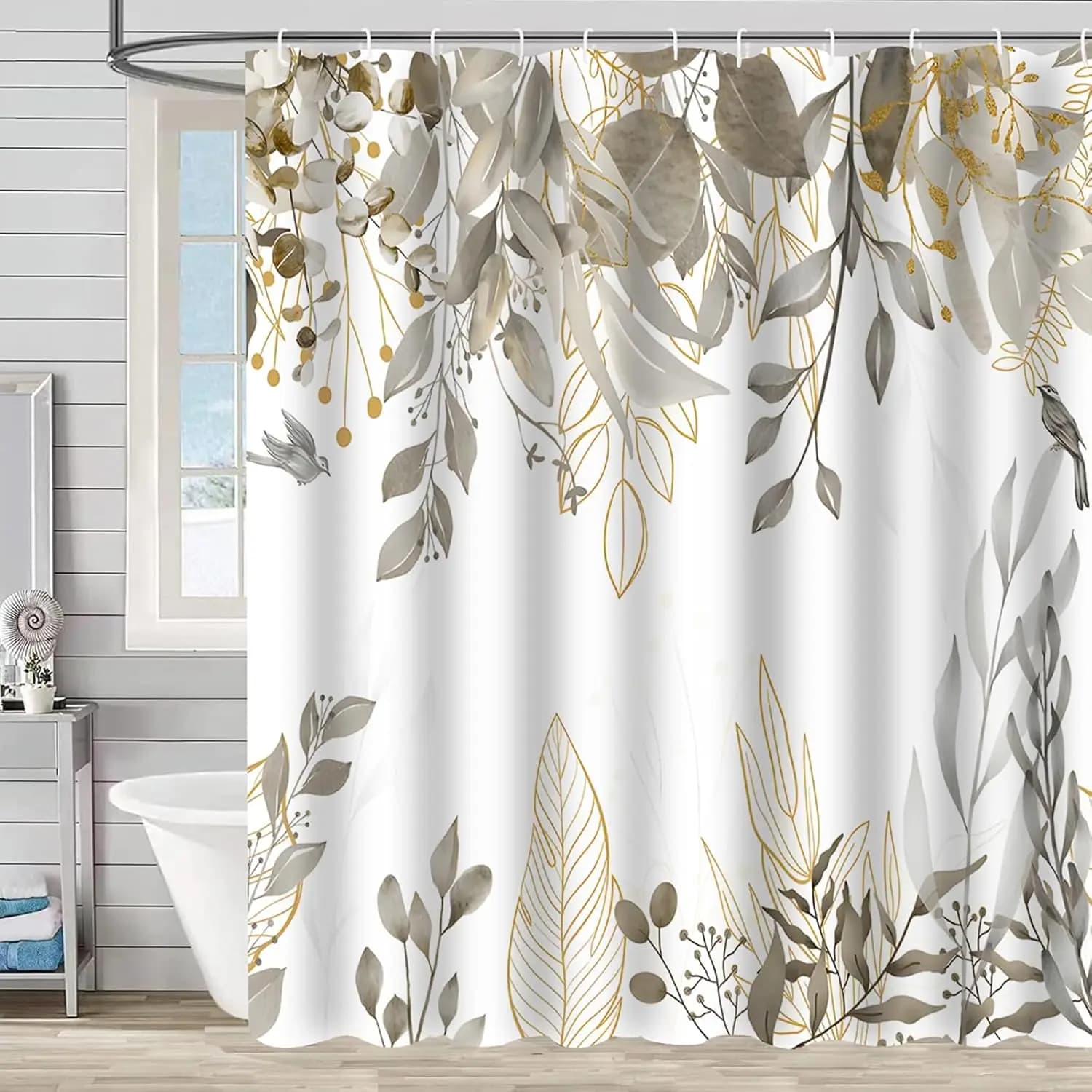 Tenda da doccia con foglie di eucalipto grigio marrone chiaro, design con rami piangenti beige, tenda da bagno in tessuto impermeabile