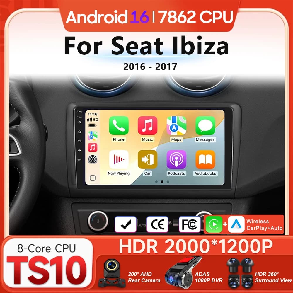 Autoradio Android 16 for Seat Ibiza 2016-2017 with Carplay Wireless, GPS, Bluetooth, DSP and Wi-Fi