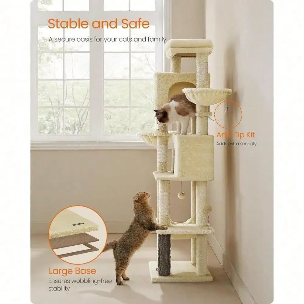 Tree, 69Inch Tall Cat Tower For Indoor Cats, MultiLevel Cat Condo With 2 Caves, 2 Baskets, 5 Scratching Posts, SelfGroomer, Per
