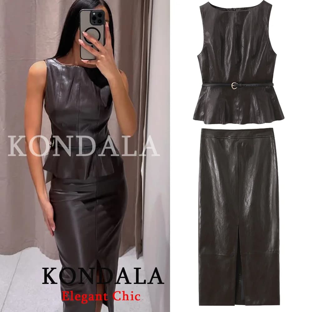 KONDALA Women's Trendy High Street Set in Ecopelle with Belt, Top in Canotta and Straight Long skirt, New Fashion Spring 2026 for Work